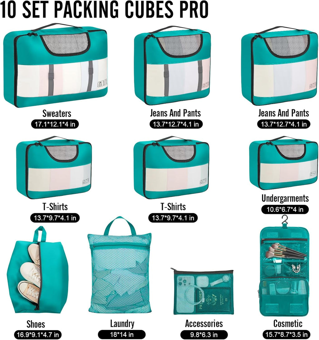 Veken 10 Set Packing Cubes for Kids & Toddler, Airplane Travel Essentials, Beach Vacation & Road Trip Suitcase Organizer Bags Set for Luggage, with Hanging Toiletry & Shoe Bag