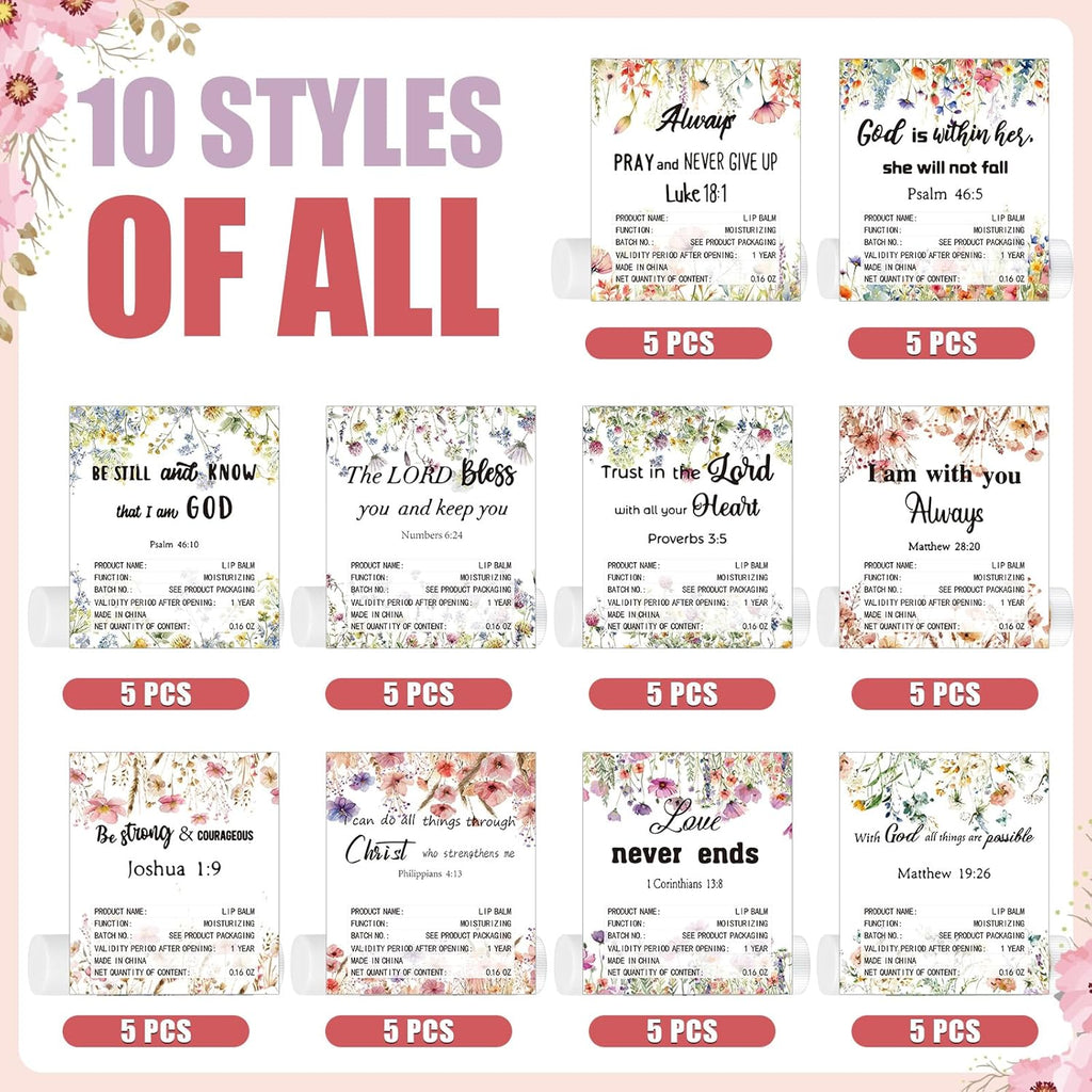 50 Pack Christian Religious Gifts Bulk Lip Balms for Women Men Church Party Favors Bulk Bible Verse Lip Balm with Scripture Inspirational Gifts for Coworkers Staff Employee (Wildflower)