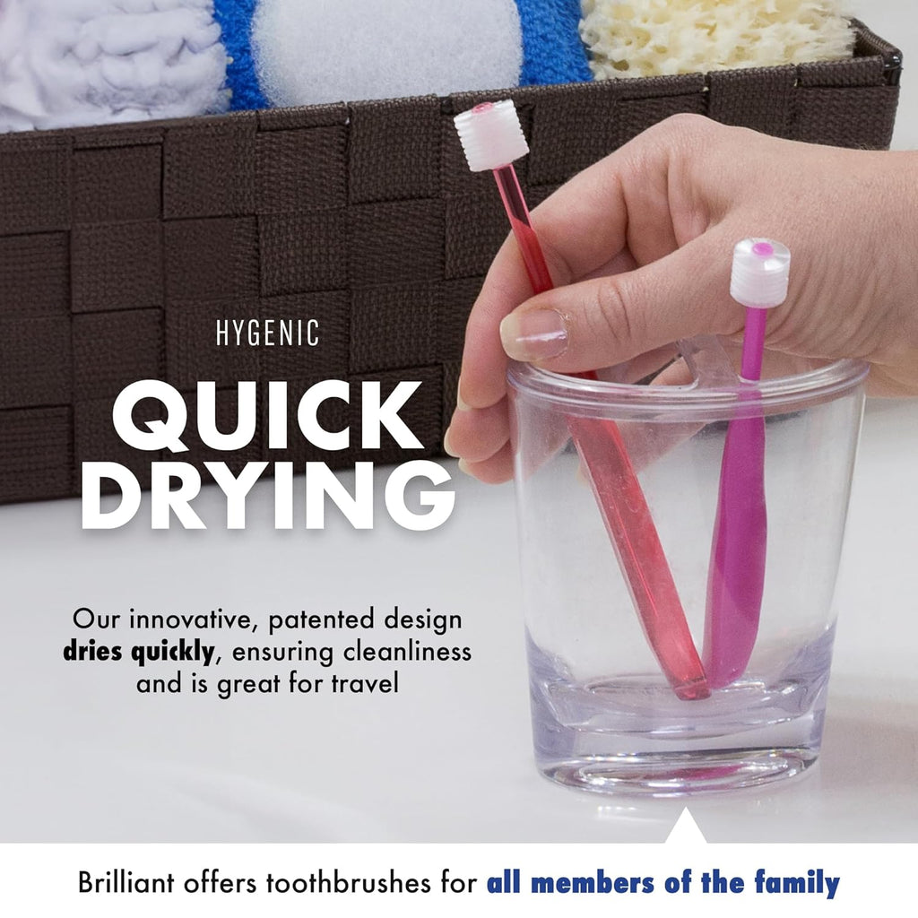 Brilliant Oral Care Adult Toothbrush with Soft Bristles, Round Head, and All-Around Clean for Teeth and Gums, Red, 3 Pack