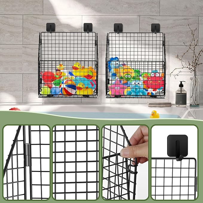 2 Pack Large Bath Toy Storage, Metal Bathtub Shower Toy Holder, Foldable bath Tub Toy Organizers Black, Bathroom Toy Storage with Drainage for Sorting Toys/Clothes/Toiletries