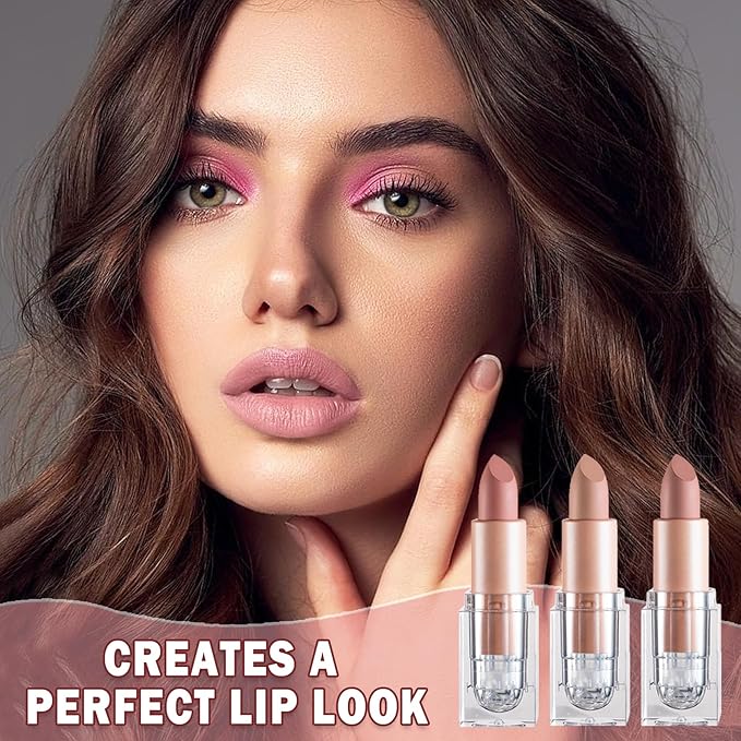 3PCS Matte Nude Lipstick Set Velvet Lip Gloss Non-Fading Non-Sticky Cup Nude Lipstick Matte Lip Stain Long Lasting Waterproof Lipstick for Women Girls Daily Lip Makeup - Set A