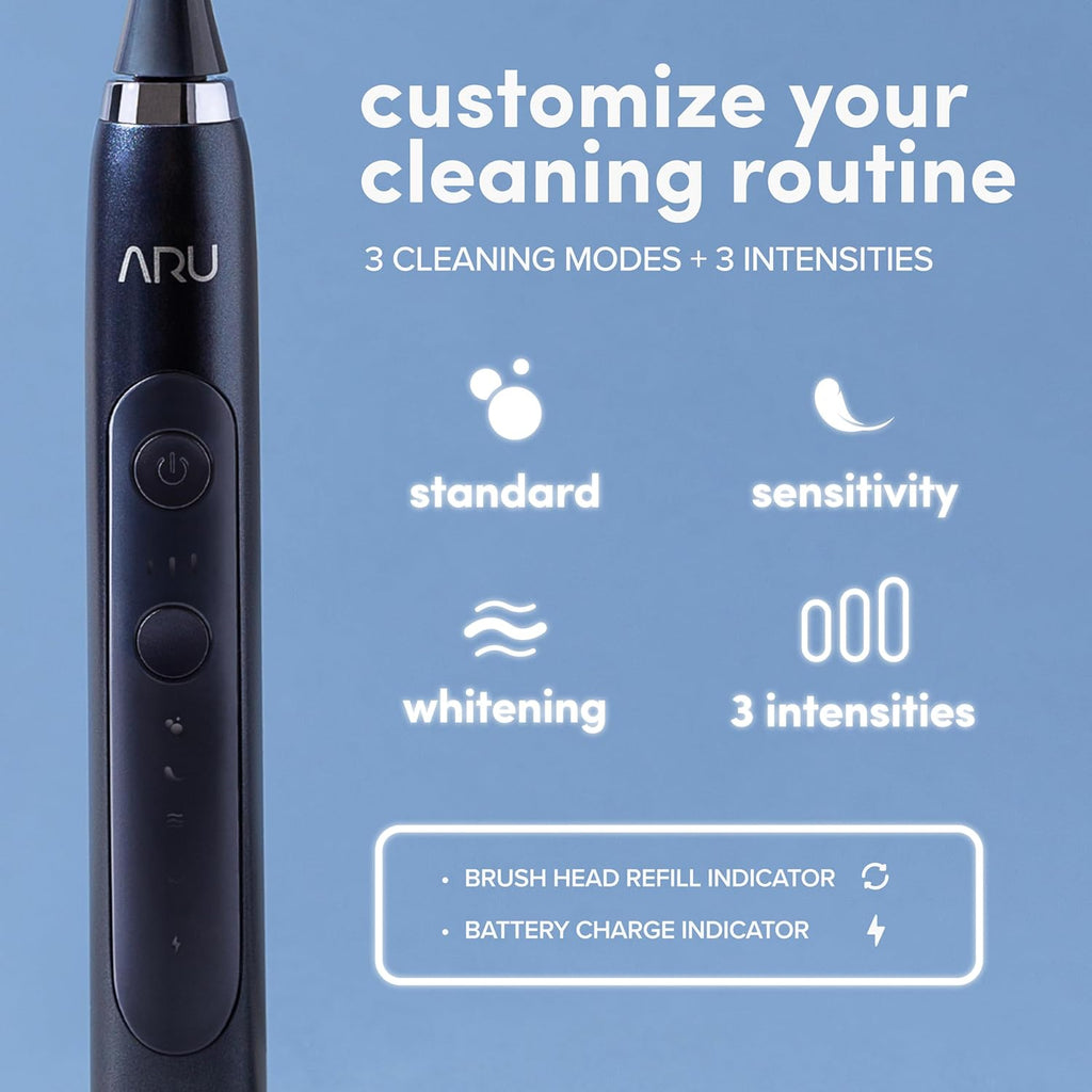 ARU Sonic Toothbrush Starter Kit with Customizable Modes and 2 Minute Timer, ADA-Approved Electric Toothbrush for Adults, Soft Toothbrush for Gums, 45+ Days Battery, Travel Case, Mystic Blue