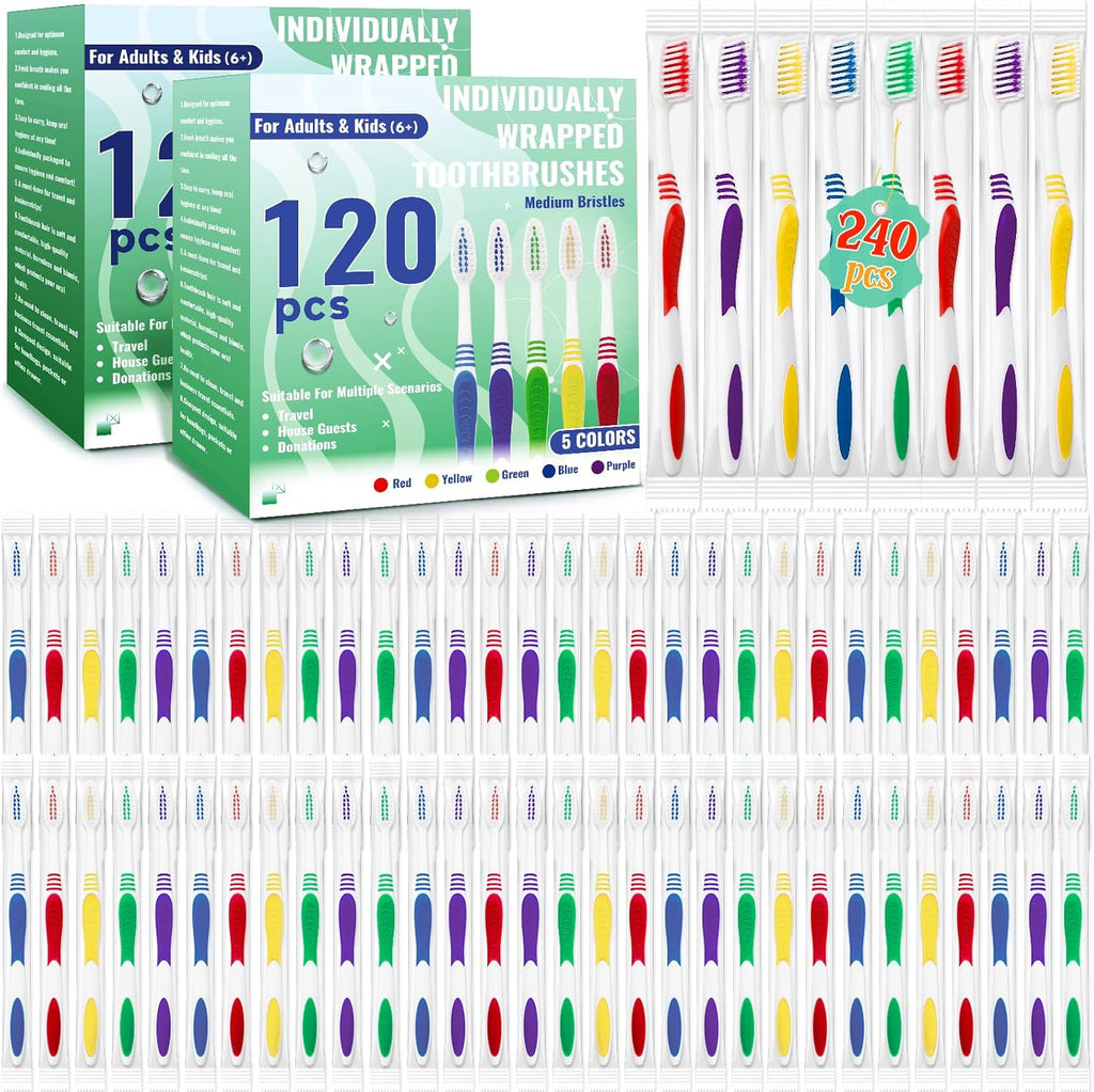 240 Pcs Toothbrush Bulk Disposable, Travel Toothbrushes Pack, Soft Bristle Individually Wrapped and Good Cleaning for Kids, Adult and The Elderly. Suitable for Hotel, Travel, Home, Donated