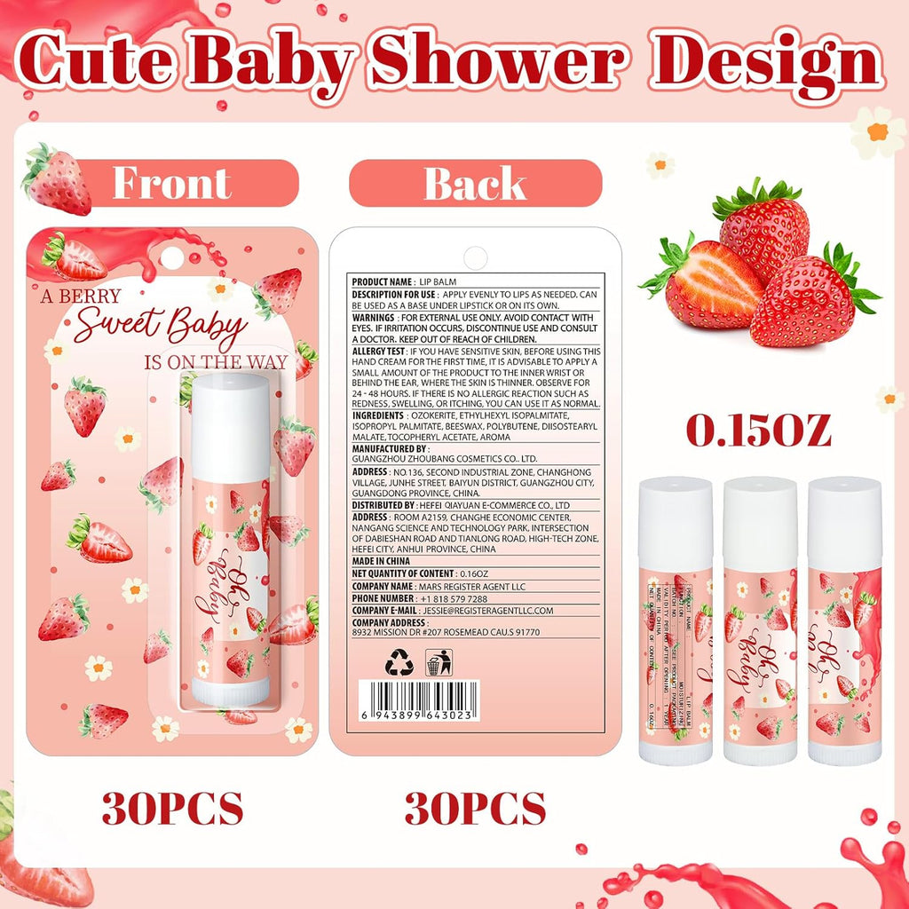 30 Pack Christmas Sweet Strawberry Baby Shower Games Prizes Party Gifts Bulk Lip Balms Favors for Winners Adults Guests Gender Reveal Favors Decorations Baby Shower Souvenirs Stocking Stuffers