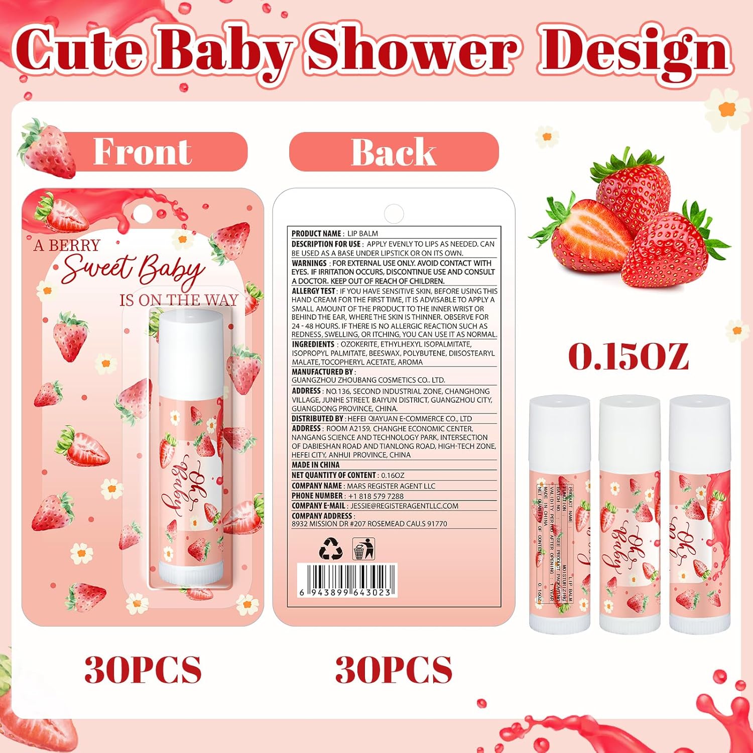 30 Pack Christmas Sweet Strawberry Baby Shower Games Prizes Party Gifts Bulk Lip Balms Favors for Winners Adults Guests Gender Reveal Favors Decorations Baby Shower Souvenirs Stocking Stuffers