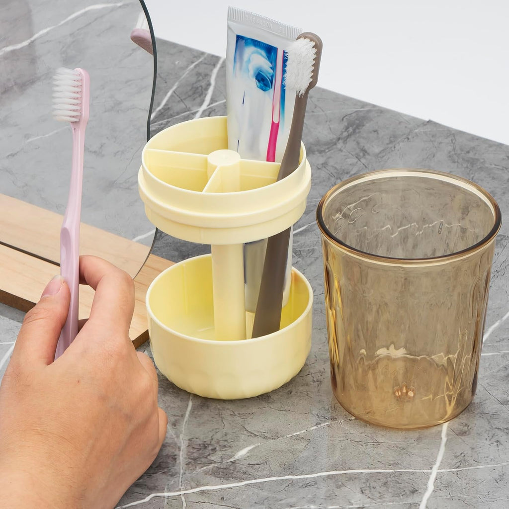 Toothbrush Holder Stand with Cup/Cover, Adjustable Height Toothbrush Organizer with 3 Slots, Portable for Bathroom, Travel, Camping (Yellow)