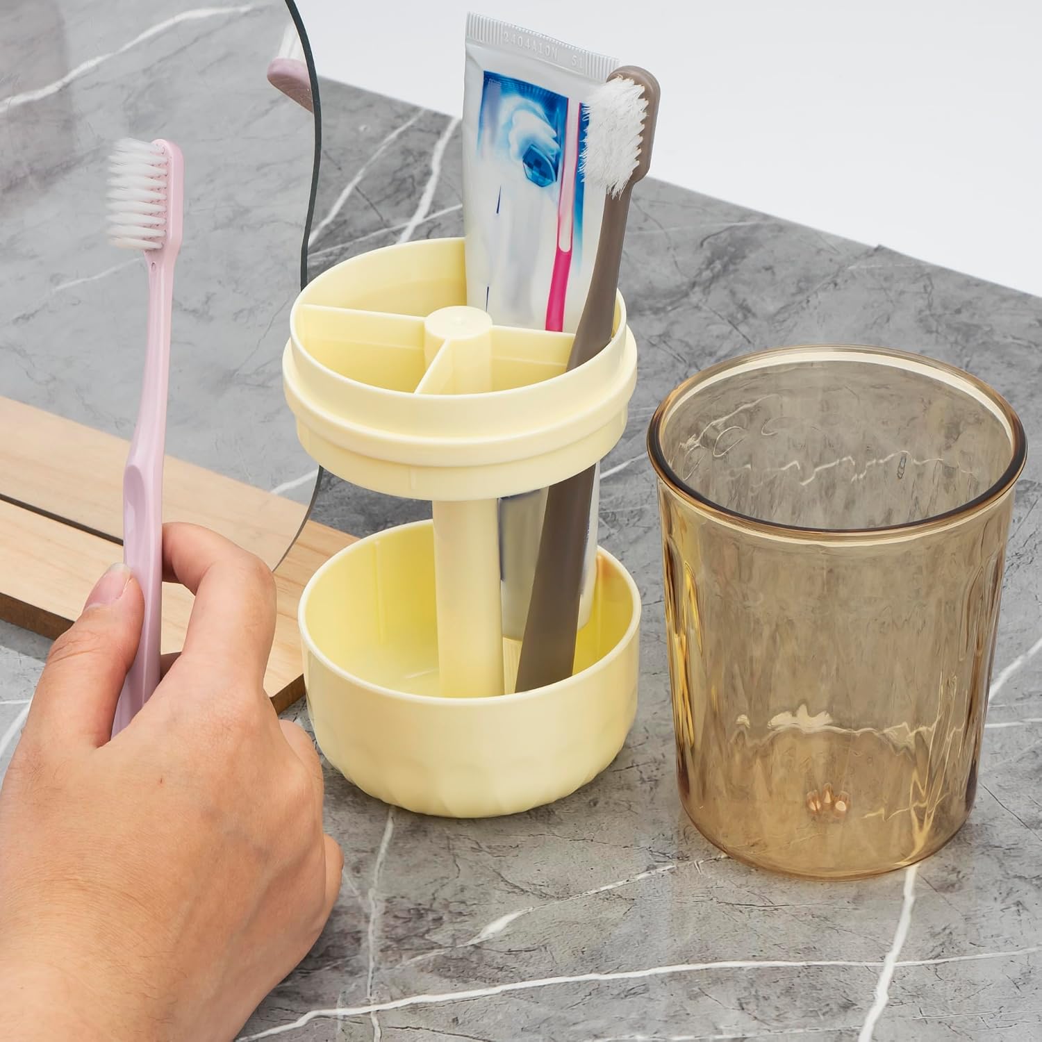 Toothbrush Holder Stand with Cup/Cover, Adjustable Height Toothbrush Organizer with 3 Slots, Portable for Bathroom, Travel, Camping (Yellow)