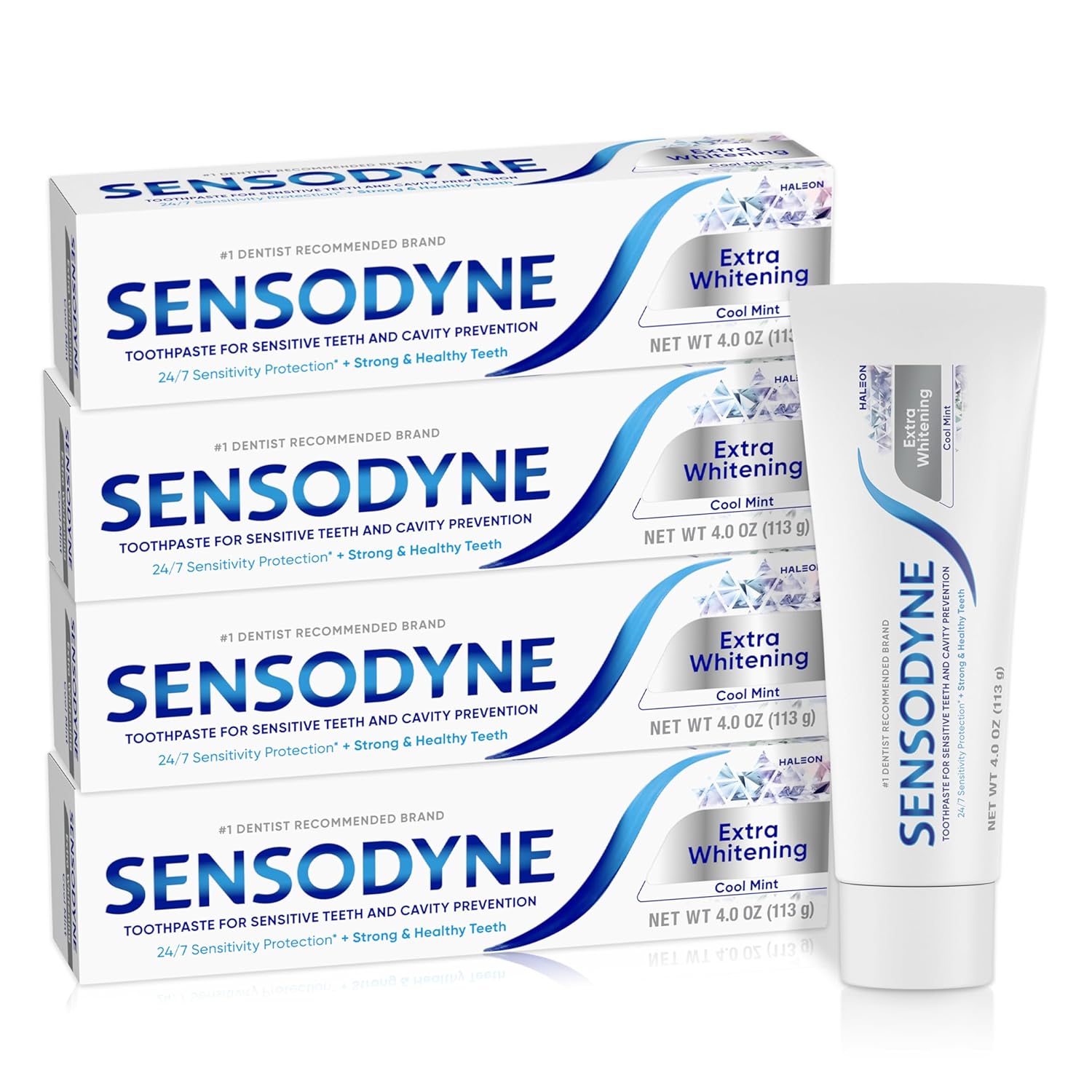 Sensodyne Extra Whitening Sensitive Teeth and Cavity Prevention Whitening Toothpaste, Amazon Exclusive, Cool Mint, Amazon Exclusive- 4 Ounces (Pack of 4)