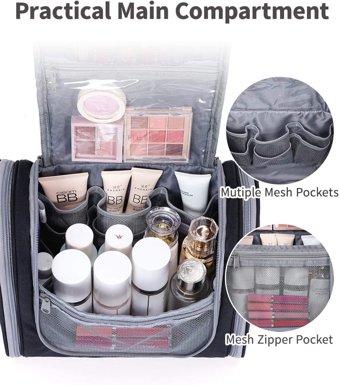 Narwey Hanging Toiletry Bag for Women Travel Makeup Bag Organizer Toiletries Bag for Cosmetics Essentials Accessories (Large, Black)