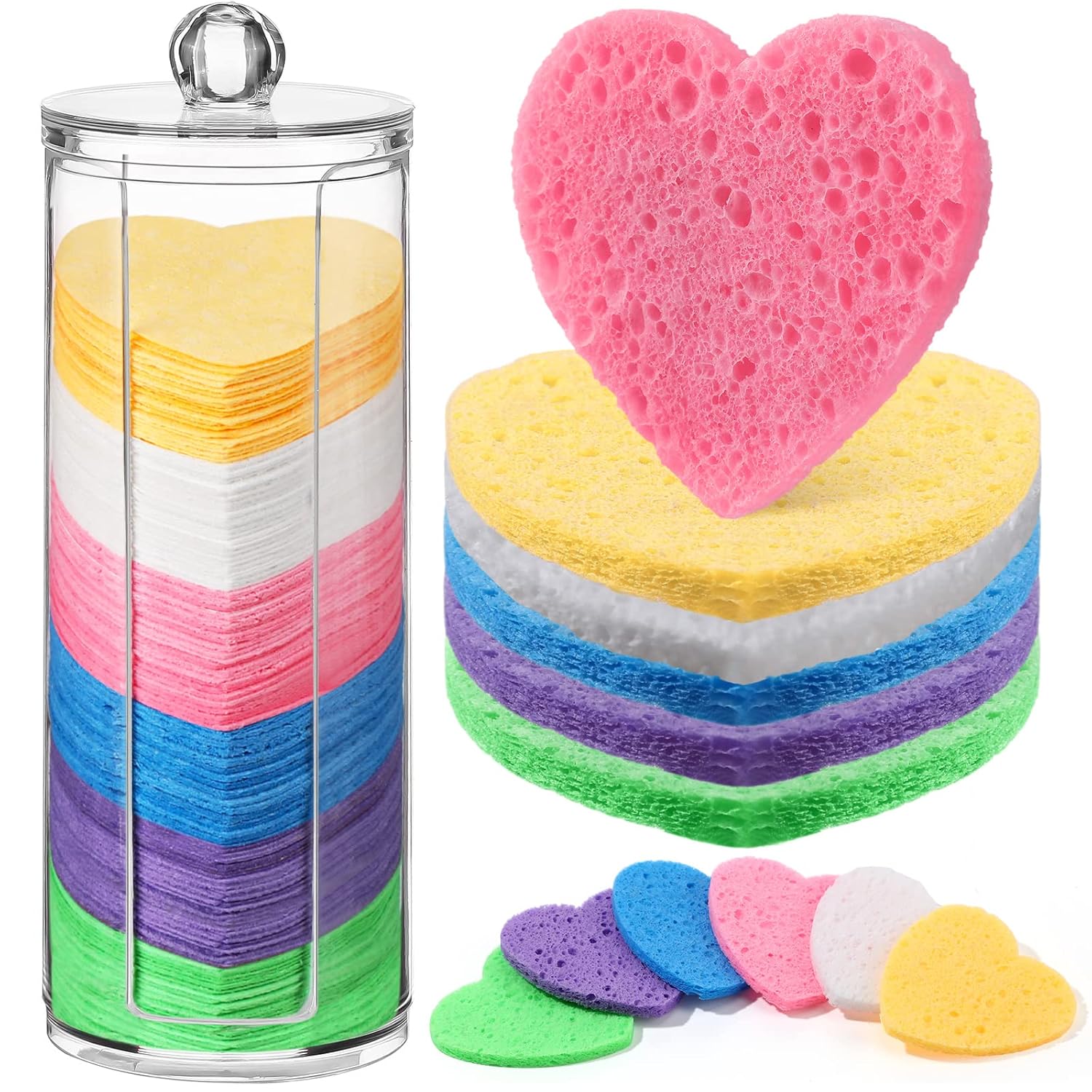 Sieral 120 Pcs Compressed Facial Sponges with Container Disposable Face Sponge Pads for Washing Face Cleansing Exfoliating Esthetician Makeup Removal(Heart,Colorful)