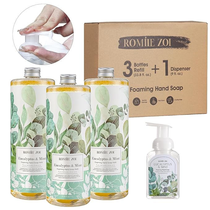 ROMIIE ZOI Eucalyptus & Mint Foaming Hand Soap Refills with Reusable Pump Dispenser - Natural & Cruelty-Free, Gentle & Moisturizing - Large Bottle Bulk for Home & Kitchen-1L/33.8oz (Pack of 3)