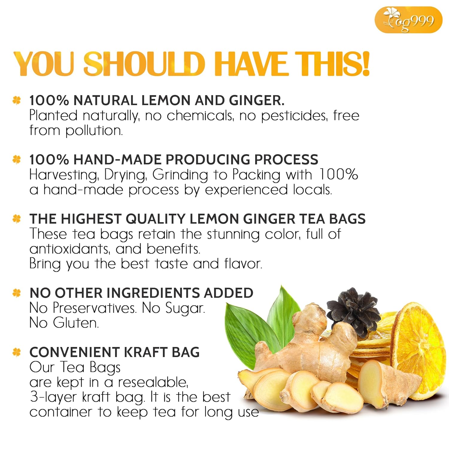 TOG999, Premium Lemon Ginger Tea Bags | 60 Tea Bags | Refreshing Herbal Blend with Bright Citrus & Warming Ginger | Naturally Caffeine-Free | 100% Plant-Based, Sustainably Sourced Herbal Tea
