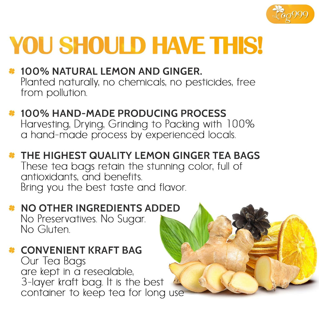 TOG999, Premium Lemon Ginger Tea Bags | 120 Tea Bags | Refreshing Herbal Blend with Bright Citrus & Warming Ginger | Naturally Caffeine-Free | 100% Plant-Based, Sustainably Sourced Herbal Tea