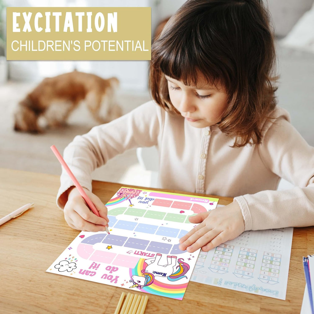 10 Unicorn Reward Chart with 216 Round Stickers, Incentive Behavior Chart for Kids at Home Classroom, Kids Routine Daily Chore Sticker Chart-A20