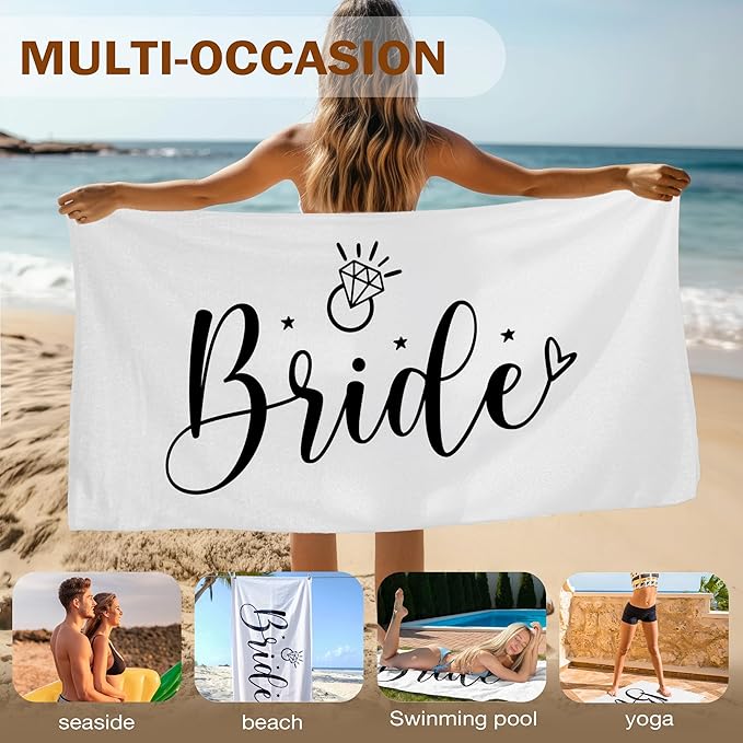 Bride Beach Towel, Bachelorette Beach Pool Towels, Just Married Honeymoon Wedding Gifts Large Beach Bath Travel Towels for Bride to Be Women, Honeymoon Mr and Mrs WeddingBride Gifts, 30x60in