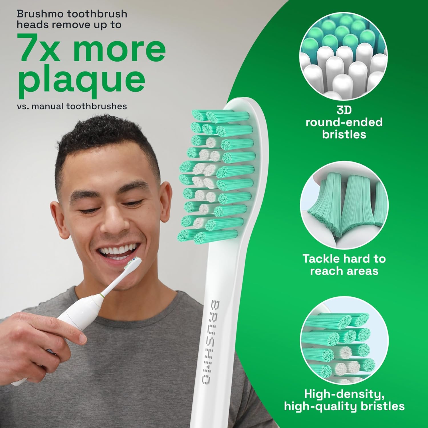 Brushmo e-Series Total Clean Replacement Toothbrush Heads, Compatible with Philips Sonicare Screw-on Electric Toothbrush Handles, 6 Standard Heads, Medium Firm Dupont Bristles, BM726-bg, White