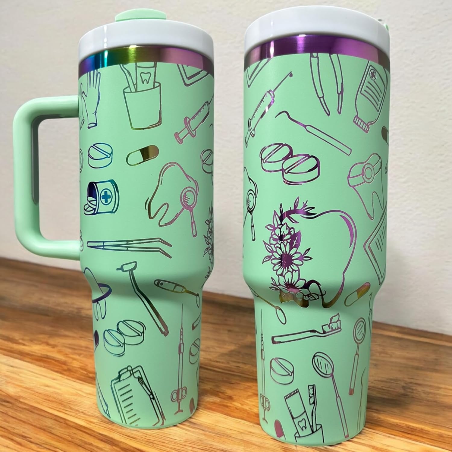 Dental hyginiest tumbler 40oz tumbler Tooth tumbler Dental water bottle Gift for dentist Gift for dental hyginiest Office gift (Mint/Rainbow(34)-Dental 2.0(D17))