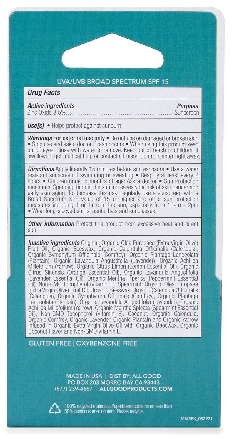 All Good Organic SPF15 Lip Balm - Hydrating Lip Care with Olive Oil, Beeswax, Calendula, Lavender, Vitamin E - Lip Moisturizer with Zinc Oxide Protection - Original, Spearmint & Coconut (6-pack)