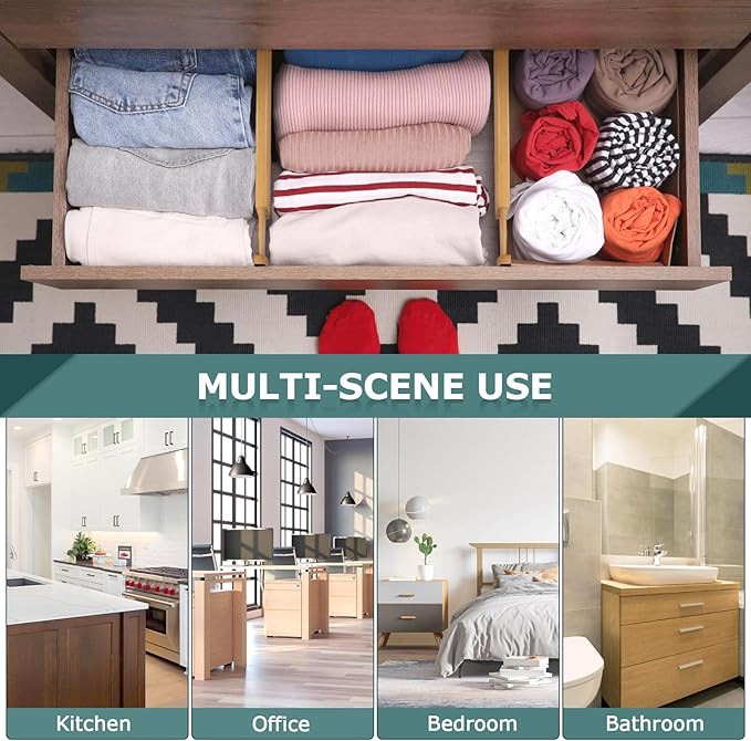 Lzerking Drawer Divider 4 Pack, Kitchen Bamboo Drawer Organizers, 17-22" Adjustable Wood Dividers for Clothes, Spring Loaded, Works in Kitchen, Dresser, Bathroom and Bedroom