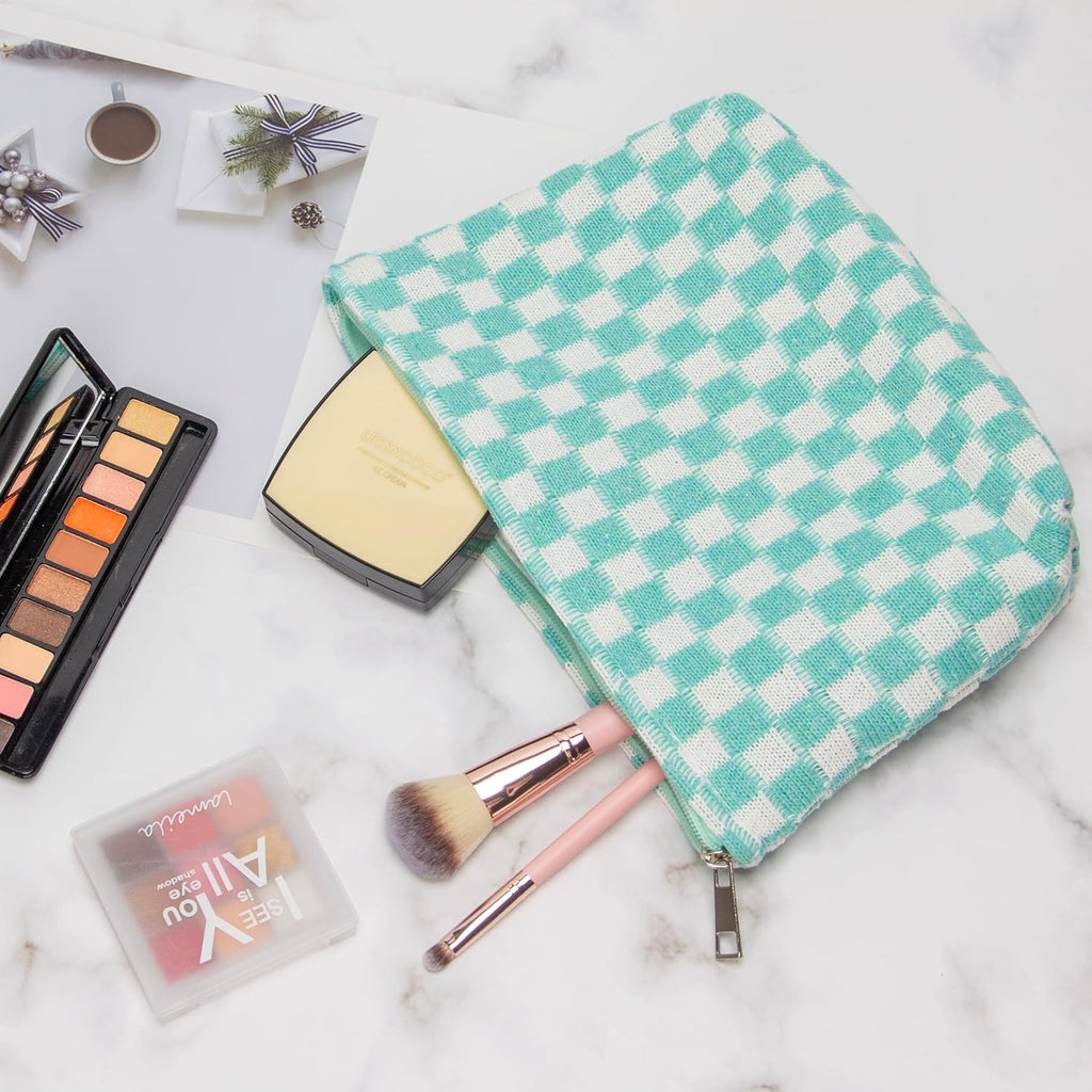 PAZIMIIK Knitted Checkered Makeup Bag Large Zipper Make Up Accessory Pouch for Purse Cosmetic Brush Bag for Travel Essential Arctic Blue