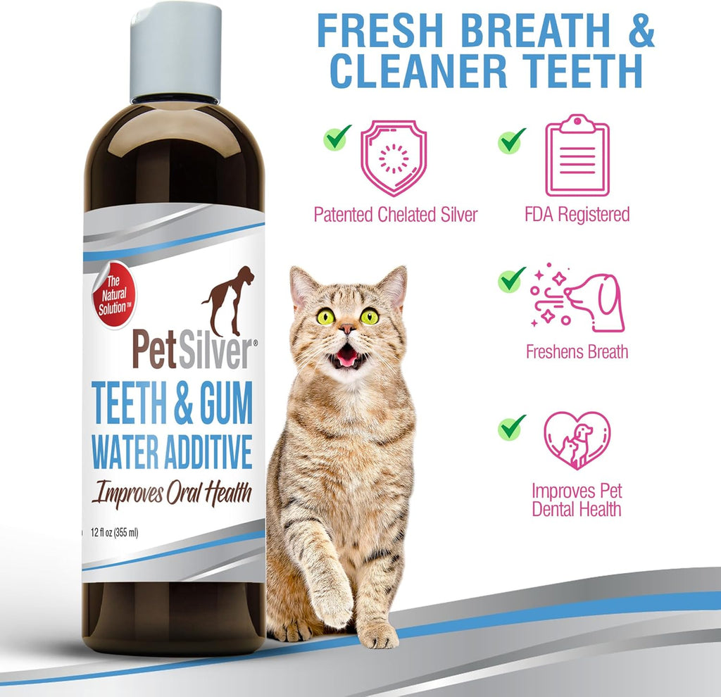 PetSilver Teeth & Gum Water Additive for Dental Care - Pet Breath Freshener - Targets Tartar, Plaque & Eliminates Bad Breath - Dog Oral Care & Cat Teeth Cleaning - No Brushing & Tasteless - 12 fl oz