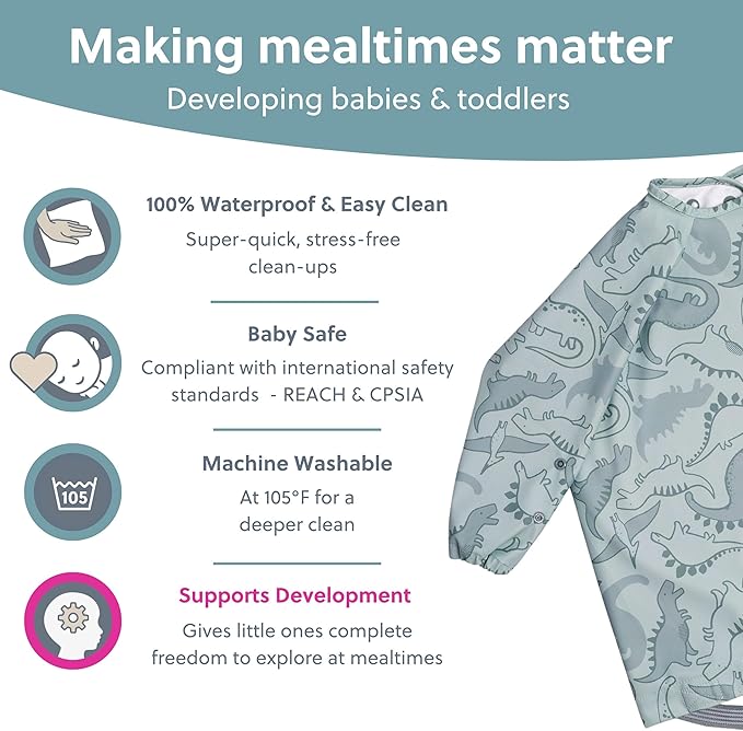 BIBaDO - Long Sleeve Baby Bibs - Babies & Toddlers 6-36 Months - Coverall Baby Led Weaning Bib - Easy Wipe, Soft & Waterproof