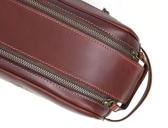 10" Premium Leather Toiletry Travel Pouch With Waterproof Lining Black Color | King-Size Handcrafted Vintage Shaving Kit By Aaron Leather Goods (Saddle Brown)