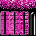 3 Boxes Flat Back Pearls Kit 11 Flatback Rose Red Half Round Pearls 3-10mm with Pickup Pencil and Tweezer for Home DIY and Professional Nail Art, Face Makeup and Craft