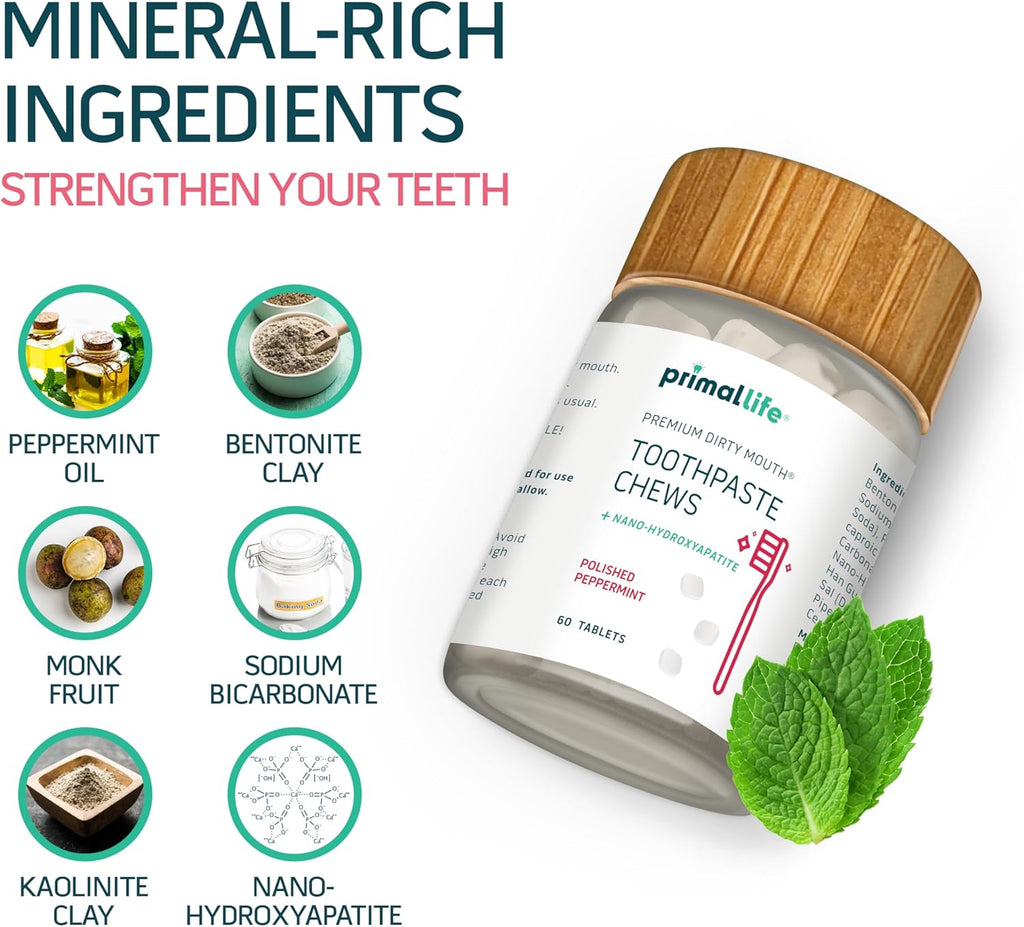 Primal Life Organics Premium Dirty Mouth Toothpaste Chews – Nano-Hydroxyapatite Whitening Toothpaste Tablets for Adults - Gluten Free, Vegan, Paleo - 60 Tablets in Jar - Polished Peppermint