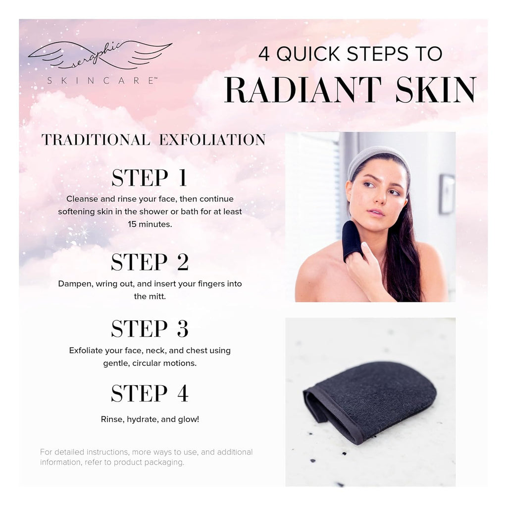 Seraphic Skincare Premium Exfoliating Facial Mitt – 100% Vegan Dual-Sided Face Scrubber with Viscose Washcloth – Makeup Remover Cloth for Gentle Cleansing & Exfoliation – Natural Dead Skin Remover