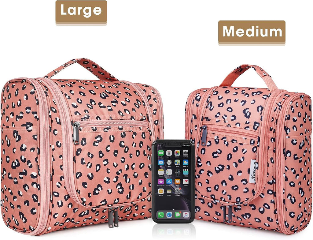 Narwey Hanging Cheetah Toiletry Bag for Women Travel Makeup Bag Organizer Toiletries Bag for Cosmetics Essentials Accessories (Large, Orange Leopard)