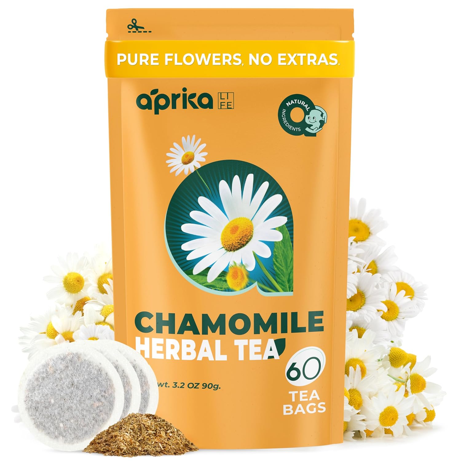 100% Pure Chamomile Tea - Only Flowers without Stems, Chamomile Tea Bags Caffeine Free, 60 count, Calming Tea Chamomile by Aprika Life