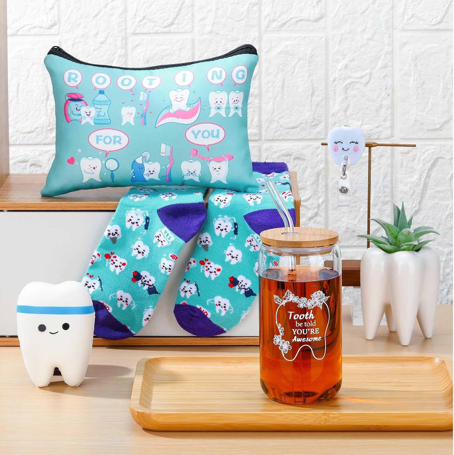 Pickmesh 6 Pcs Dental Gifts Dentist Assistant Hygienist Gifts 16 oz Glass Cups with Lid Makeup Bag Socks Badge Holder Tooth Brush Pot for Women Coworkers Doctor Nurse Christmas Accessories(Blue)