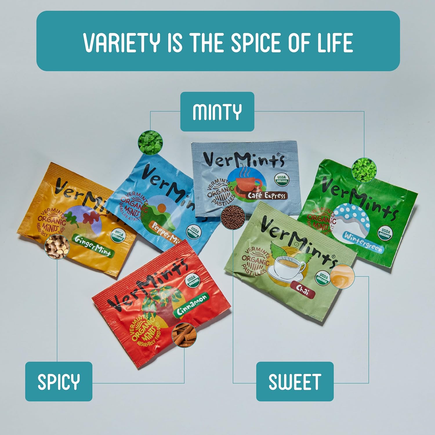 VerMints Organic Breath Mints – Travel Size Peppermints, Ginger Mints, Wintergreen, Cinnamon, Chai & Cafe Express Flavored Candy - Non-GMO, Gluten-Free, Vegan & Kosher Healthy Refresh - 120 Count