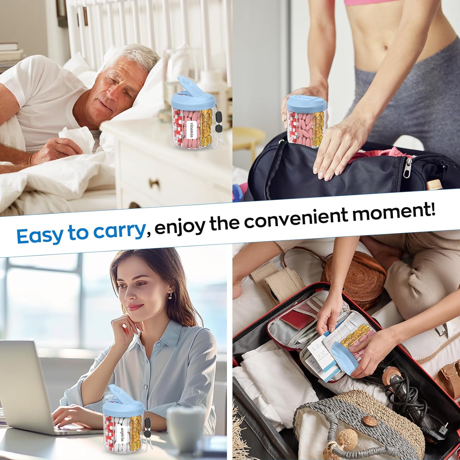 Pill Dispenser with 7 Large Compartments, 4.4" H x 3.6" Dia Pill Bottle Organizer for Travel, Supplement Organizer with Anti-Mixing Design, BPA-Free Pill Container with 20 Pcs Labels Blue