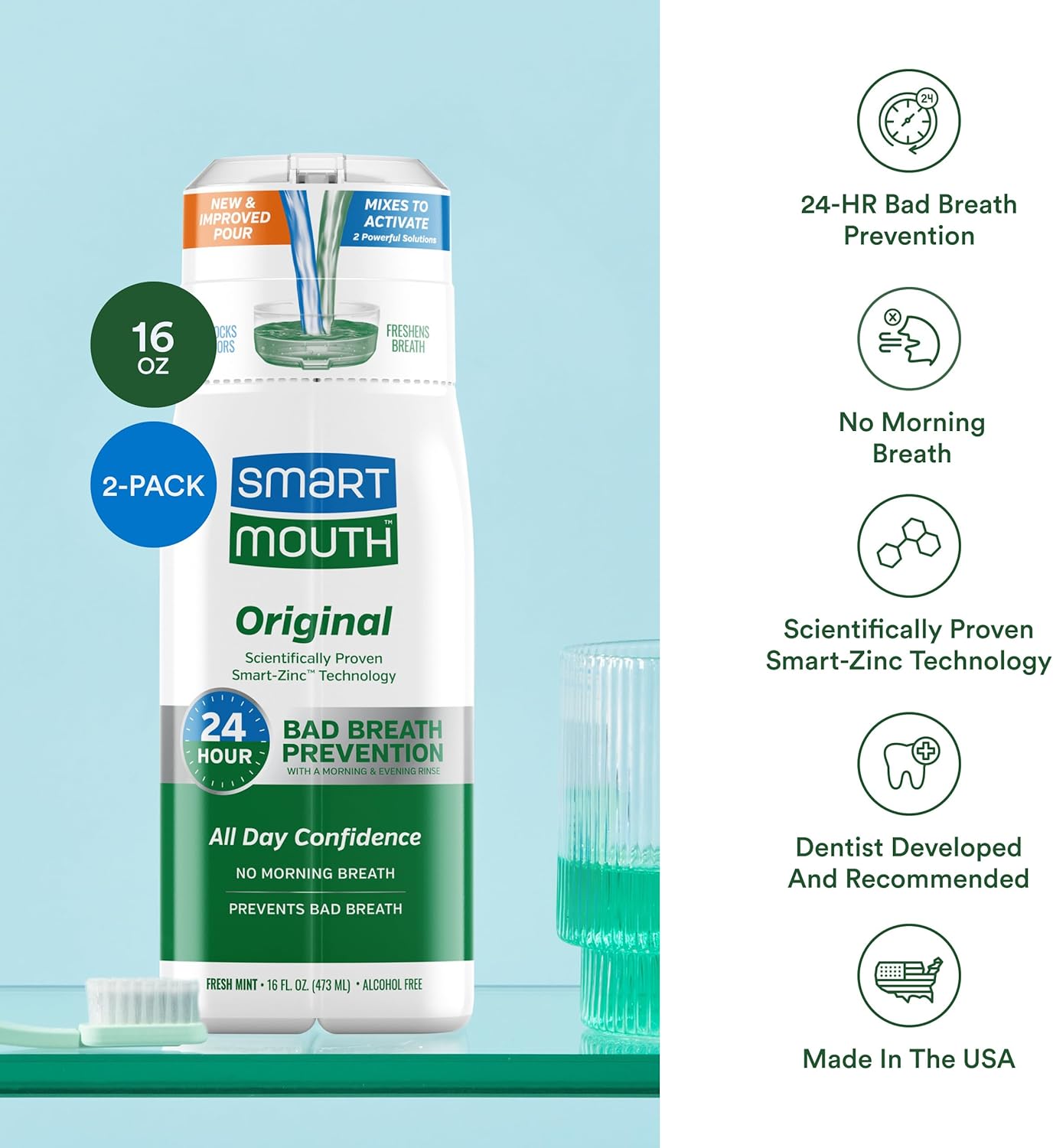 SmartMouth Original Activated Mouthwash - Adult Mouthwash for Fresh Breath - Oral Rinse for 24-Hour Bad Breath Relief with Twice Daily Use - Fresh Mint Flavor, 16 fl oz (2 Pack)