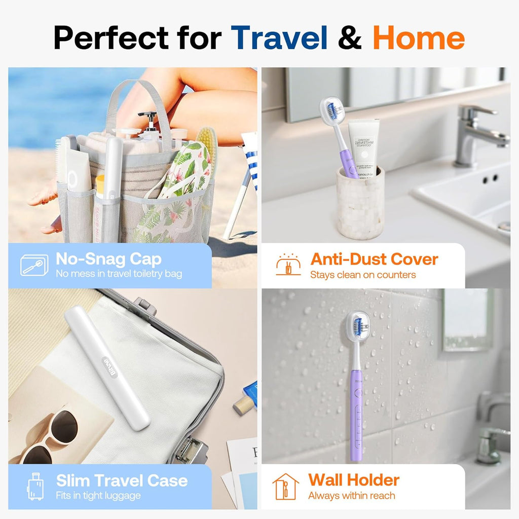 Bitvae Ultrasonic Electric Toothbrush for Adults and Kids, ADA Accepted Travel Toothbrush with Rechargeable 60-Day Battery Life, 5 Modes, 8 Heads, Case, Holder, Purple