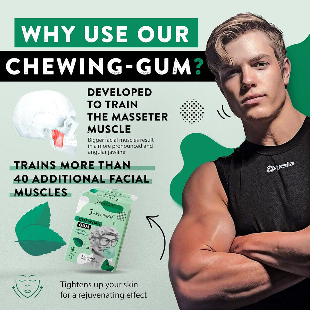 Jawliner® Hard Jwaline Chewing Gum - Sugar Free Spearmint Tough Jaw Gum - Jaw Exerciser Strong Mewing Jawline Mistic Gum - 2x Harder than Regular Chewing Gum 33 Grams (12 Strips)