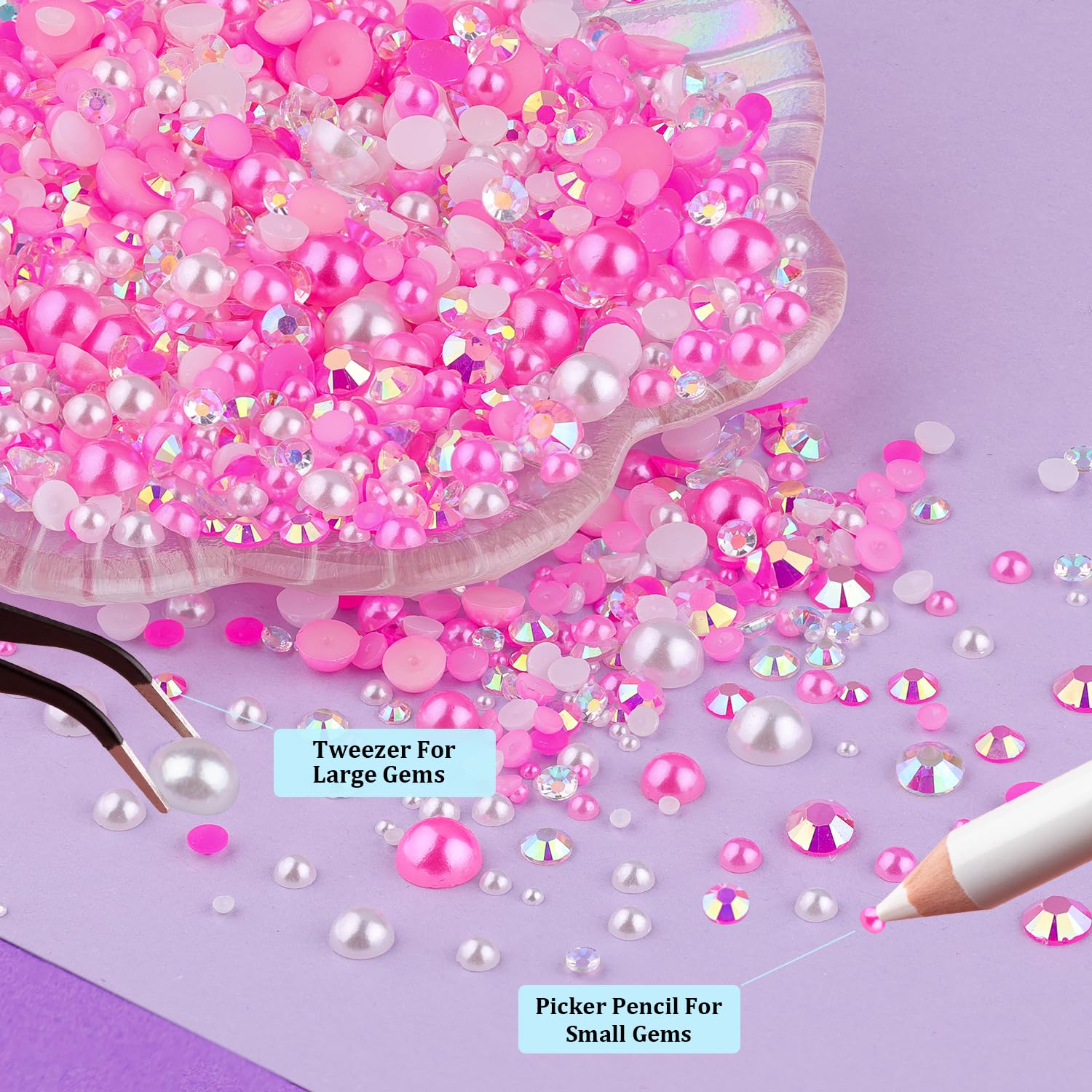 3 Boxes Flat Back Pearls&Rhinestone Kit 10 Flatback White&Peach Half Round Pearls+Resin Gems 2-8mm with Pickup Pencil and Tweezer for Home DIY and Professional Nail Art, Face Makeup and Craft