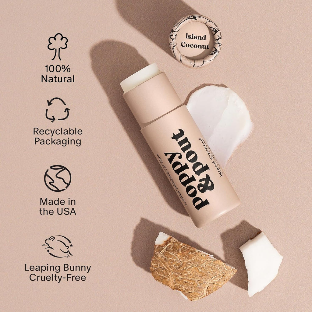 Poppy & Pout Lip Care Set | Lip Balm & Scrub | Sustainable Cardboard Tubes & Glass Jars, All Natural, Beeswax, Coconut Oil, Cruelty Free, Exfoliating & Moisturizing Lip Treatment (Island Coconut)