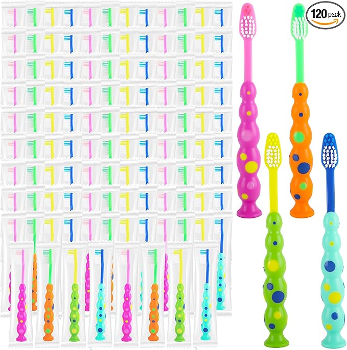 120 Pcs Student Toothbrush Bulk with Suction Cup Soft Bristles Individually Wrapped Lovely Multicolor Toothbrushes for Christmas Gift Boys Girls Home School Travel, 4 Colors