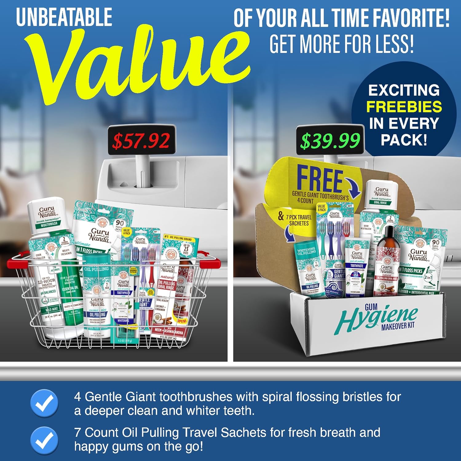 GuruNanda Gum Hygiene Makeover Kit with Ashwagandha & Cocomint (Travel Size) Oil Pulling, Neem Toothpaste, Breath Harmonizer Mouthwash, 2-in-1 Floss Picks & Whitening Toothbrushes