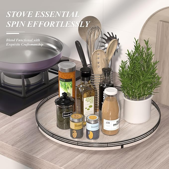 21" Lazy Susan Wood Turntable Organizer for Kitchen Decor, Farmhouse Round Wooden Lazy Susan Organization and Storage for Cabinet, Dining Table, Bathroom, Countertop,Centerpiece, Home Decor Whitewased