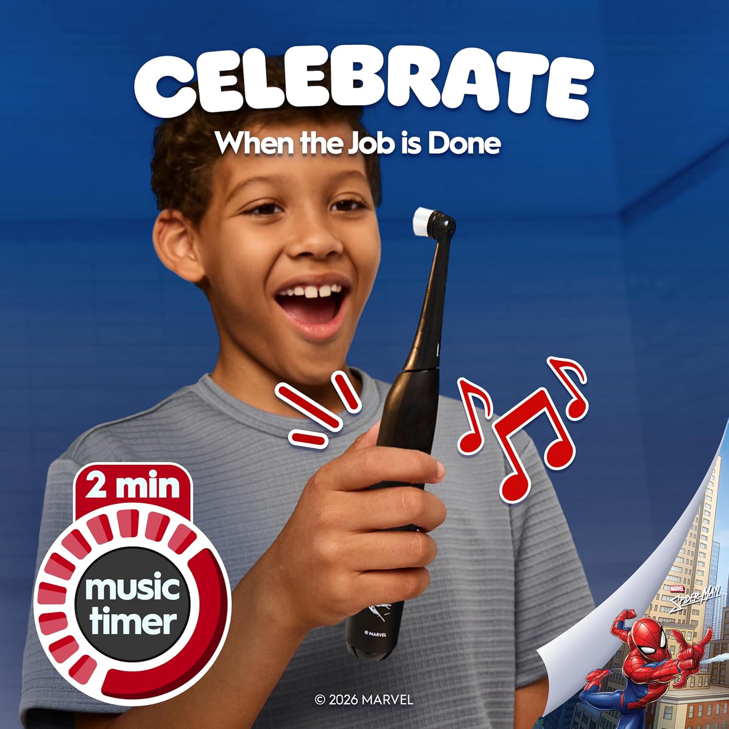 Oral-B iO Kids Limited Rechargeable Electric Powered Toothbrush, Spiderman with 1 Gentle Care Brush Head - Automatic Pressure Sensor to Protect Gums - 3 Cleaning Settings - 2 Min Music Timer