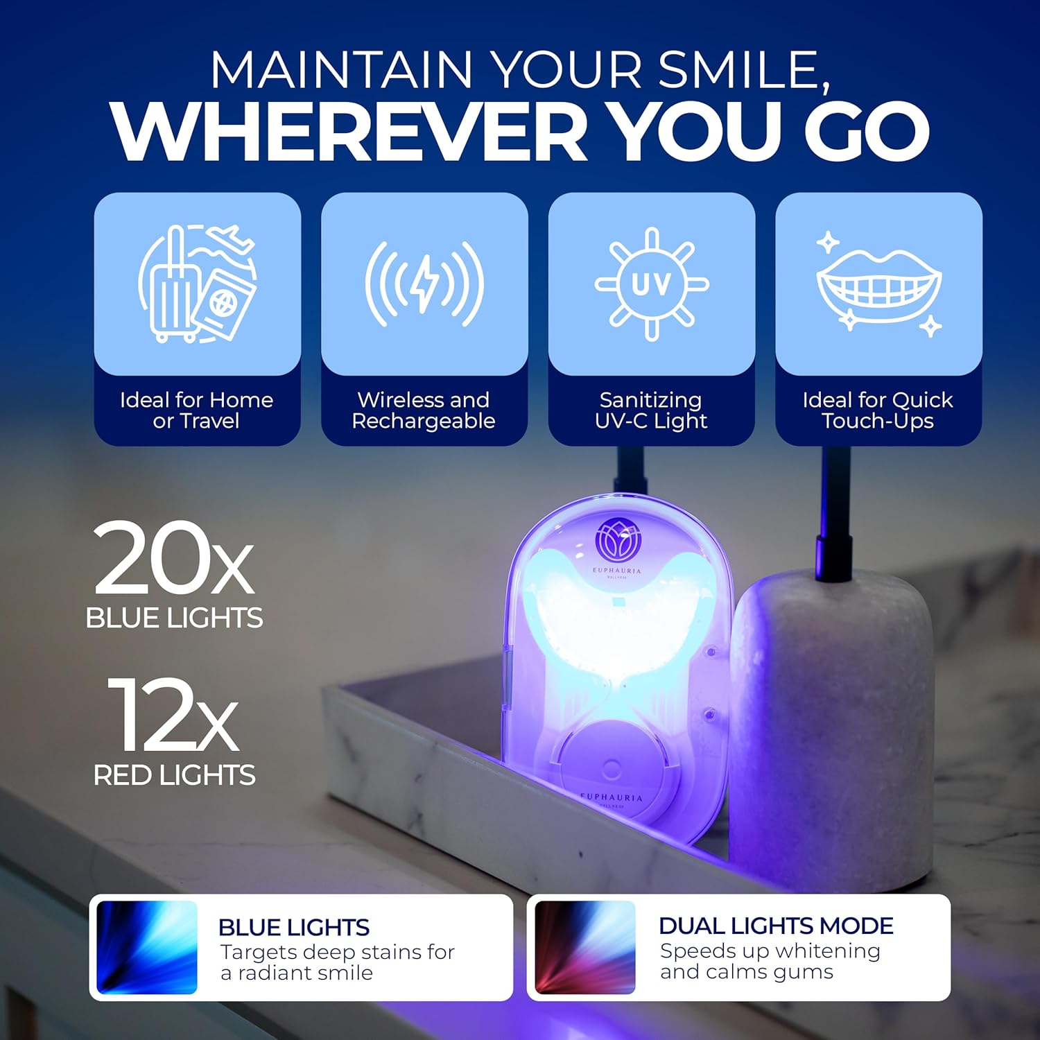 Premium Teeth Whitening Kit with a Rechargeable Wireless Red and Blue UV Whitening Spectrum LED Lights Accelerator Mouthpiece, a Sanitizing Travel Storage Case & Three 2 ml Whitening Gel Pen