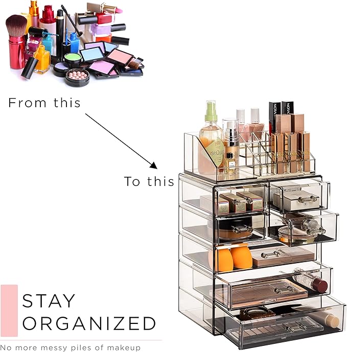 Sorbus Acrylic Makeup Organizer Set, 7-Drawer Vanity & Countertop Cosmetic Storage with Small & Wide Compartments, Black-Tint Makeup Storage for Brushes, Jewelry – Holiday Gift for Women & Teens