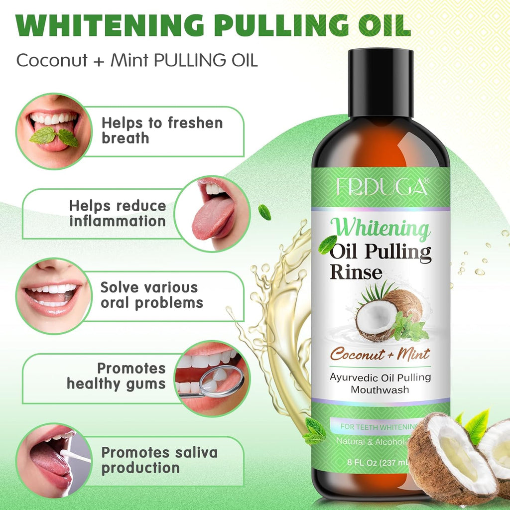 Pulling Oil for Teeth with Natural Coconut&Peppermint Essential Oils and Vitamin D, E, Alcohol Free Mouthwash，Helps with Fresh Breath, Teeth Whitening, Gum Health- with Tongue Scraper, (8 Fl. Oz) (1)