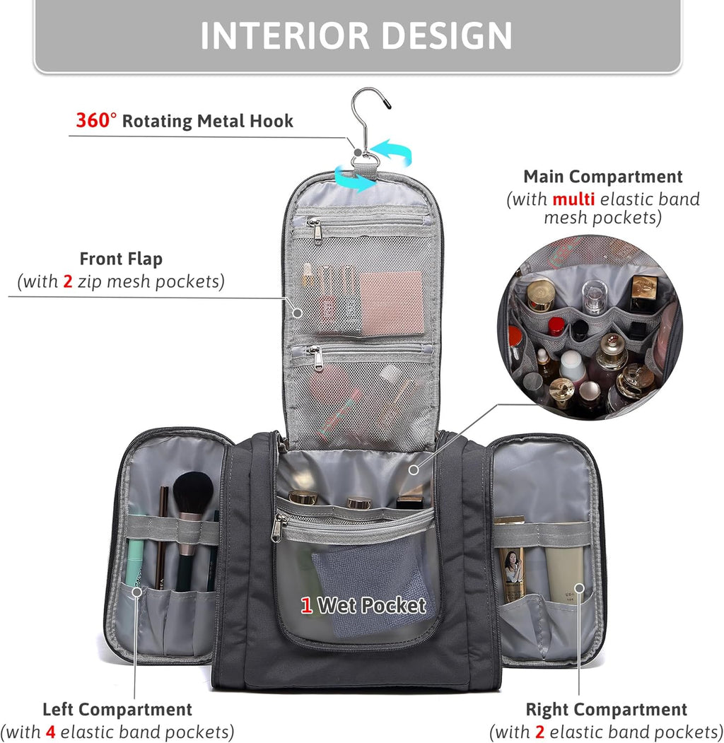 Pearl Angeli Hanging Toiletry Bag for Women, Large Makeup Cosmetic Bag, Water Resistant Toiletries Travel Essentials Organizer, Full-size Container, Grey