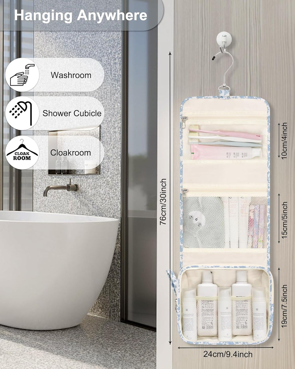 Relavel Small Hanging Toiletry Bag for Men and Women, Portable Hanging Organizer for Travel-Sized Shower Dopp Kit, Waterproof Toiletries Organizer with 3 Compartments for Outdoor - Blue Flower