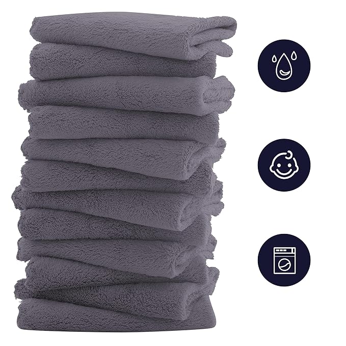 16 Pack Baby Washcloths - Luxury Coral Fleece - Extra Absorbent and Soft Wash Clothes for Newborns, Infants and Toddlers - Suitable for Sensitive Skin and New Born - Baby Shower - Grey, 10x10 Inch